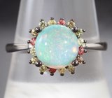 Серебряное кольцо с кристаллическим эфиопским опалом и разноцветными сапфирами Серебро 925