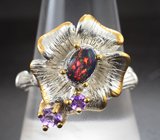 Серебряное кольцо с кристаллическим черным опалом и аметистами Серебро 925