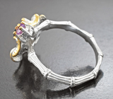 Серебряное кольцо с кристаллическим черным опалом и аметистами