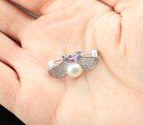 Чудесная серебряная брошь с жемчужиной и аметистом Серебро 925