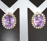 Превосходные серебряные серьги с аметистами и разноцветными сапфирами Серебро 925