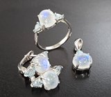Серебряный комплект с лунным камнем и голубыми топазами