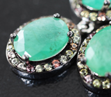 Замечательные серебряные серьги с изумрудами и разноцветными сапфирами Серебро 925