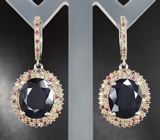 Роскошные серебряные серьги с крупными синими сапфирами и разноцветными сапфирами Серебро 925
