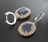Роскошные серебряные серьги с крупными синими сапфирами и разноцветными сапфирами Серебро 925