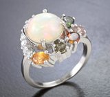 Серебряное кольцо с крупным кристаллическим эфиопским опалом и разноцветными турмалинами Серебро 925