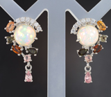Серебряные серьги с крупными кристаллическими эфиопскими опалами и разноцветными турмалинами Серебро 925