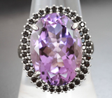 Шикарное серебряное кольцо с аметистом 11,4 карата и черными шпинелями Серебро 925