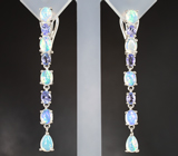 Серебряные серьги с кристаллическими эфиопскими опалами и танзанитами Серебро 925