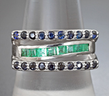 Стильное серебряное кольцо с изумрудами высоких характеристик и сапфирами Серебро 925