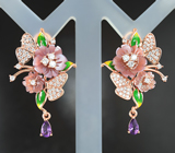 Серебряные серьги с резным перламутром, цветной эмалью и аметистами Серебро 925