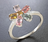 Симпатичное серебряное кольцо с разноцветными турмалинами Серебро 925