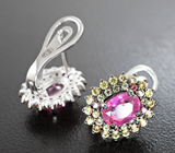 Праздничные серебряные серьги с рубинами и сапфирами Серебро 925