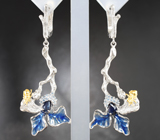 Удивительные серебряные серьги с синими сапфирами, голубыми топазами и цветной эмалью Серебро 925