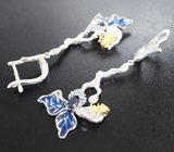 Удивительные серебряные серьги с синими сапфирами, голубыми топазами и цветной эмалью