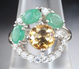 Эффектное серебряное кольцо с цитрином и изумрудами