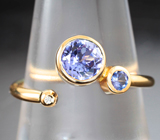 Золотое кольцо с чистейшими яркими танзанитами 1,1 карата и бриллиантом