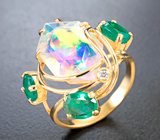 Золотое кольцо с топовым эфиопским опалом авторской огранки 3,3 карата, уральскими изумрудами и бриллиантами