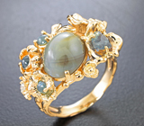 Золотое кольцо с уральскими александритами высоких характеристик 0,7 карата, хризобериллами 6,17 карата и бриллиантом