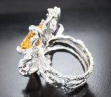 Серебряное кольцо с аметистом лазерной огранки, цитрином, празиолитом и родолитами Серебро 925