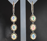 Праздничные серебряные серьги с ограненными эфиопскими опалами и сапфирами Серебро 925