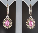 Праздничные серебряные серьги с рубинами и разноцветными сапфирами Серебро 925