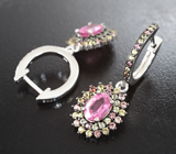 Праздничные серебряные серьги с рубинами и разноцветными сапфирами Серебро 925