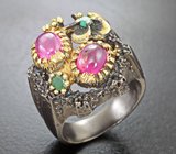 Серебряное кольцо с рубинами и изумрудами Серебро 925