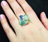 Серебряное кольцо с синим и зелеными кианитами 14,03 карата, диопсидом и перидотами