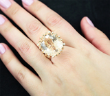 Коктейльное золотое кольцо с крупным ярким гелиодором топовой огранки 27,15 карата и бриллиантами