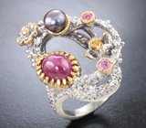 Серебряное кольцо с цветной жемчужиной, корундом и сапфирами