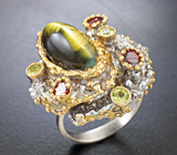 Серебряное кольцо cо скаполитом с эффектом кошачьего глаза, перидотами и альмандинами гранатами Серебро 925