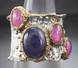 Серебряное кольцо c насыщенно-синим сапфиром и рубинами Серебро 925