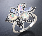 Роскошное серебряное кольцо с эфиопскими опалами, танзанитами и черными шпинелями Серебро 925