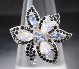 Роскошное серебряное кольцо с эфиопскими опалами, танзанитами и черными шпинелями Серебро 925