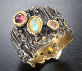 Серебряное кольцо с кристаллическим эфиопским опалом, родолитом гранатом и розовым турмалином