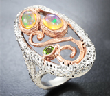 Серебряное кольцо с кристаллическими эфиопскими опалами и диопсидом