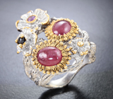 Серебряное кольцо с рубинами, аметистом и черной шпинелью Серебро 925