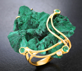 Золотое кольцо с редким плисовым уральским малахитом 40,63 карата, изумрудами и бриллиантом