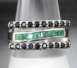 Стильное серебряное кольцо с изумрудами высоких характеристик и сапфирами Серебро 925