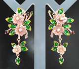 Великолепный серебряный комплект с резным перламутром, родолитами, диопсидами, танзанитами и цветной эмалью