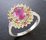 Яркое серебряное кольцо с рубином и сапфирами Серебро 925