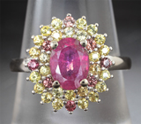 Яркое серебряное кольцо с рубином и сапфирами Серебро 925