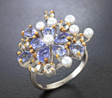 Шикарное cеребряное кольцо с жемчугом, танзанитами и топазами Серебро 925