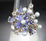 Шикарное cеребряное кольцо с жемчугом, танзанитами и топазами Серебро 925