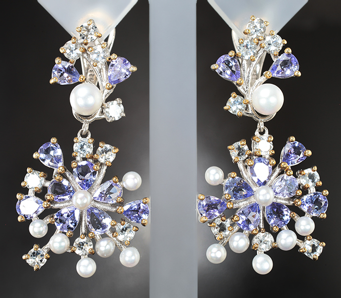 Шикарные cеребряные серьги с жемчугом, танзанитами и топазами