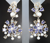 Шикарные cеребряные серьги с жемчугом, танзанитами и топазами Серебро 925