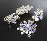 Шикарные cеребряные серьги с жемчугом, танзанитами и топазами Серебро 925