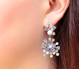 Шикарные cеребряные серьги с жемчугом, танзанитами и топазами Серебро 925