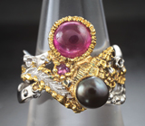 Серебряное кольцо с цветной жемчужиной, рубином и сапфиром
